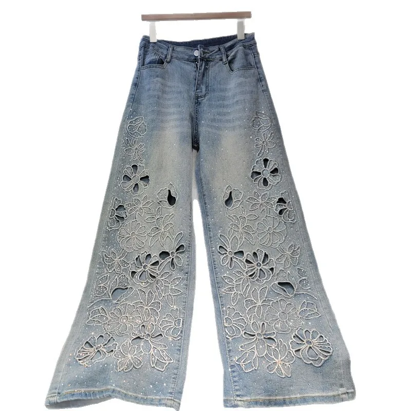 2026 New Spring  Autumn All-match High Waist Wide Leg Jeans Women Hollow Out Hot Diamonds Embroidery Floor-length Denim  Pants