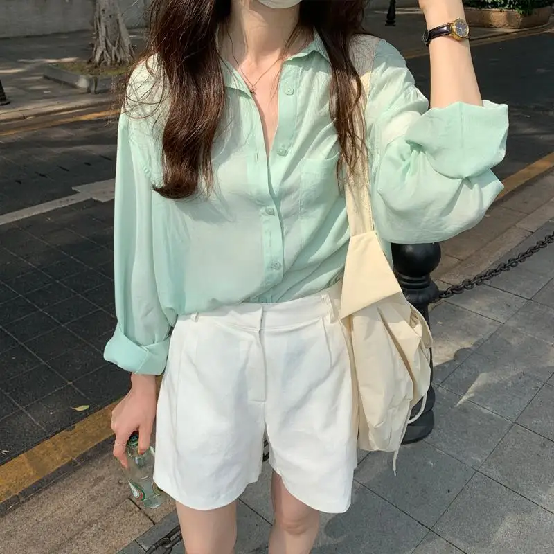 Women Summer Korean Loose Simplicity Pocket Polo-Neck Solid Color Long Sleeve Shirts Ladies Casual All-match Sunscreen Thin Tops