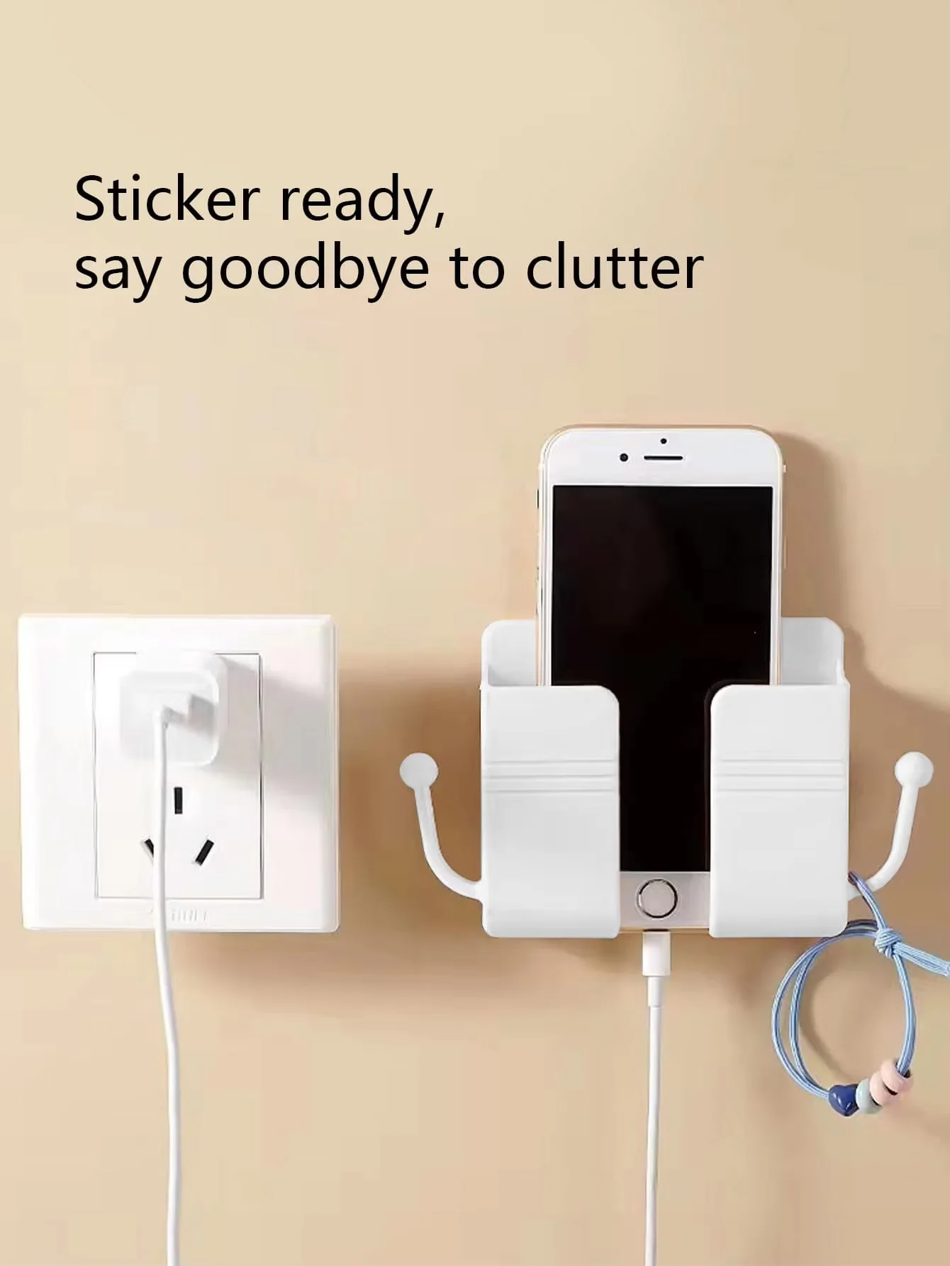 Wall-mounted remote control organizer with hooks and shelf, headboard phone charging stand (1 piece)