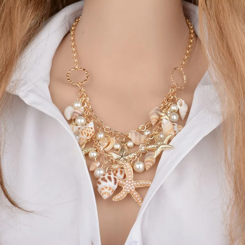 Aihua Böhmen Gold Farbe Imitation Perle Muschel Shell Seestern Halskette für Frauen Halsband Halskette Kragen Sommer Strand Schmuck – Detail 4