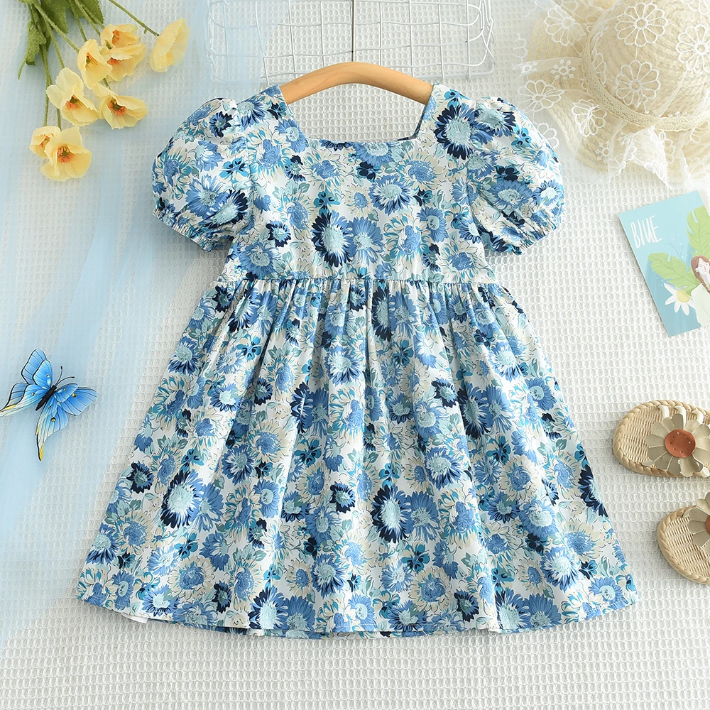 

2-6 Year Old Girls' Casual Clothes Square Neck Bubble Sleeves Floral Blue Princess Dress Elegant Birthday Party Summer New