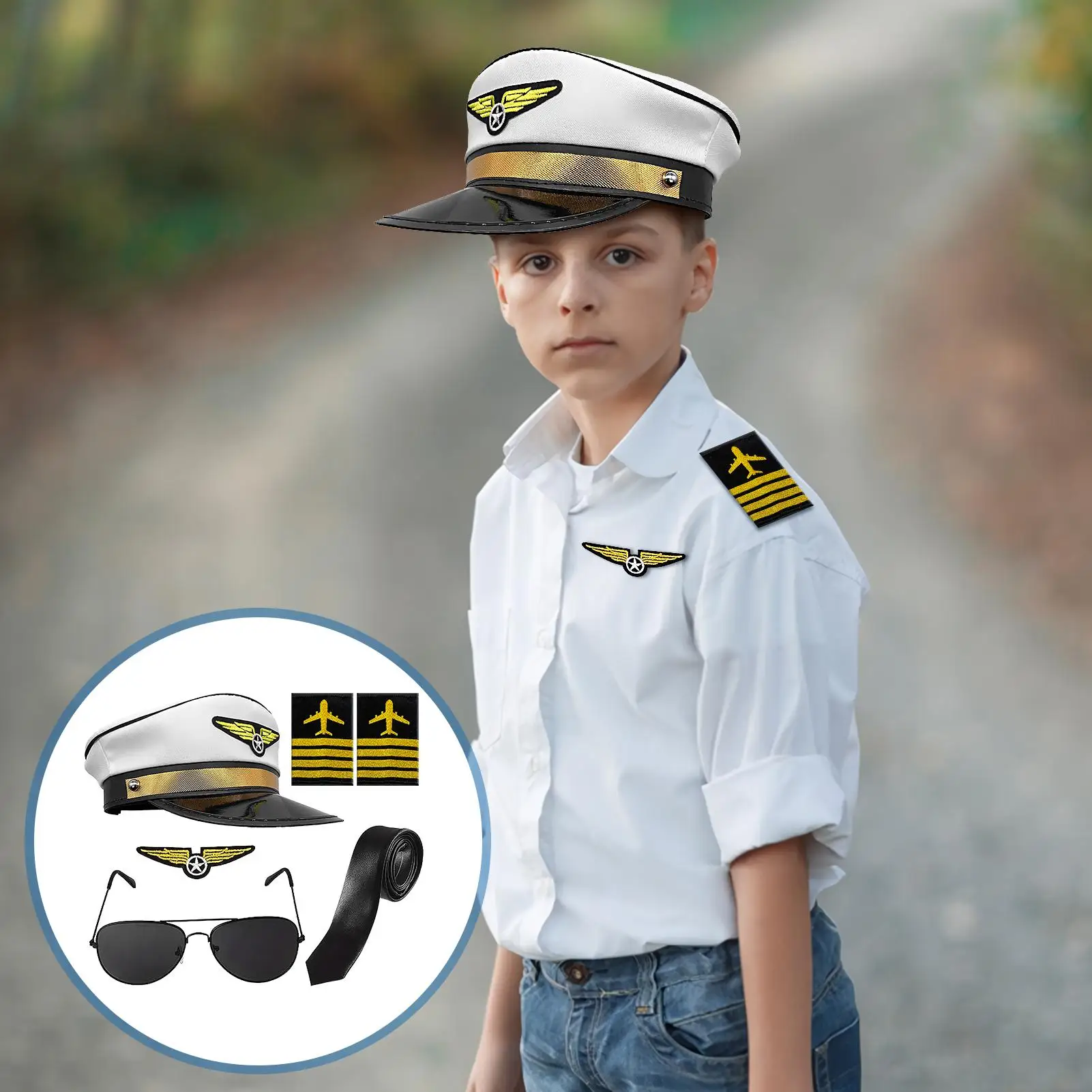 Complete Pilot Uniform Set  Sunglasses + Leather Hat, Silk Tie, Wing Badge & Shoulder Epaulets (5-Piece Premium Kit)