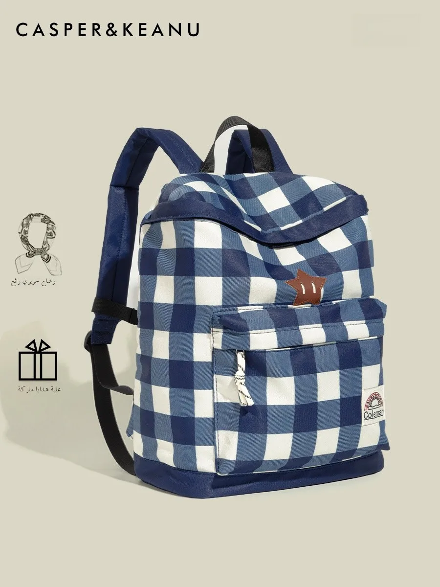 

CasperKeanu American Retro College Sle Blue White Plaid Large Capaci Bapa ex Commuter Bag Suitable for Schooling