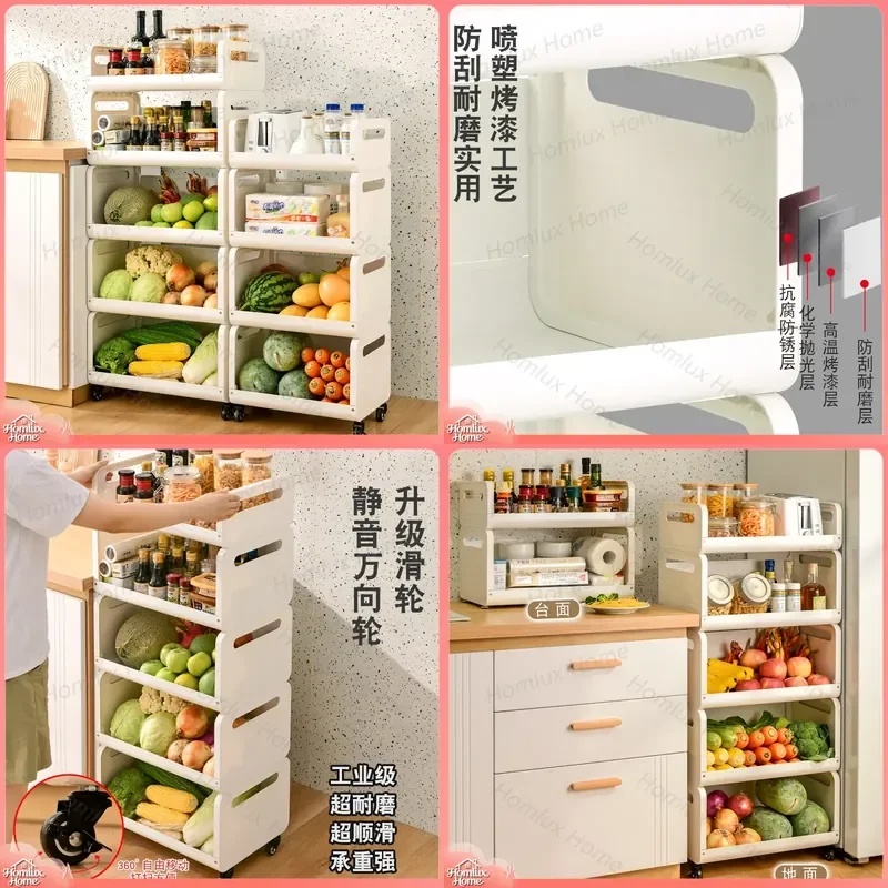 Multi-Layer Kitchen Storage Rack Heavy Duty Wrought Iron Floor Standing Organizer Movable Fruit Vegetable Pantry Shelf for