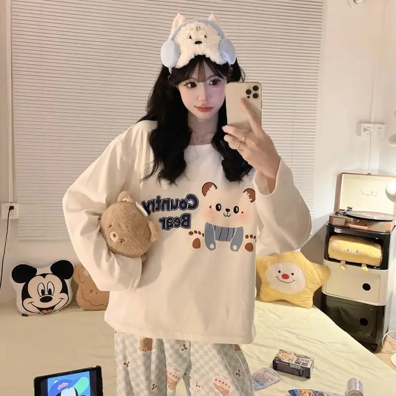 

Женский весенне-осенний пижамный костюм в полоску, мягкий и липкий, удобный мультяшный милый домашний костюм, которую можно носить в качестве верхней одежды оптом