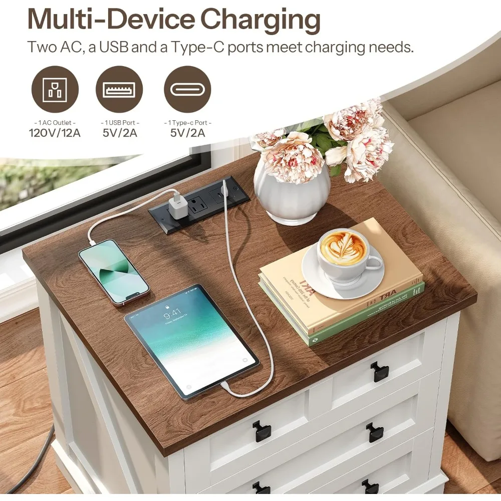 HOOBRO Farmhouse Nightstand with 3 Drawers, 23.6 Inch Wide End Table with Charging Station, Large End Table for Bedroom, Living
