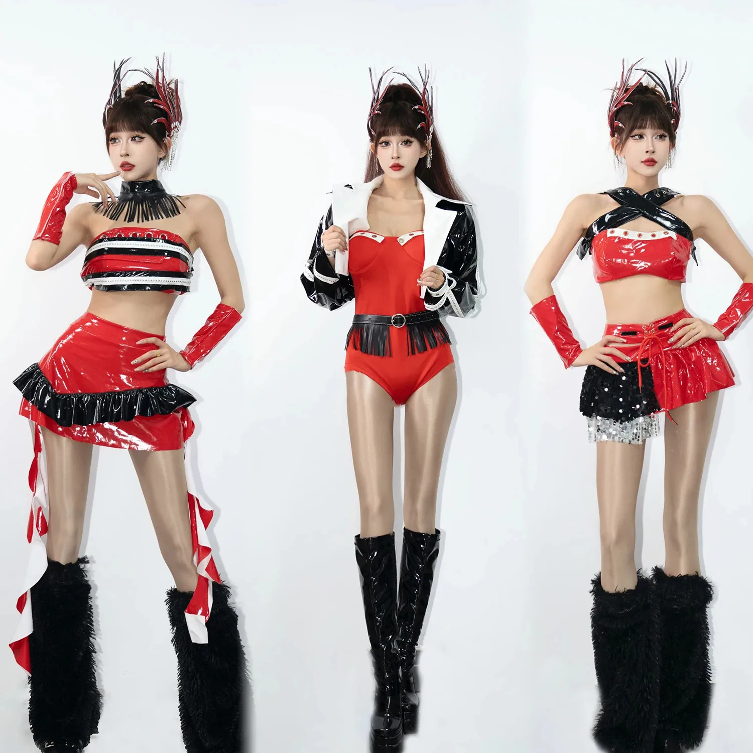 

Adult Female Jazz Dance Costume Korean Girl Group Red Laser Skirt Performance Outfit Electronic Music Festival Sexy Stage Wear