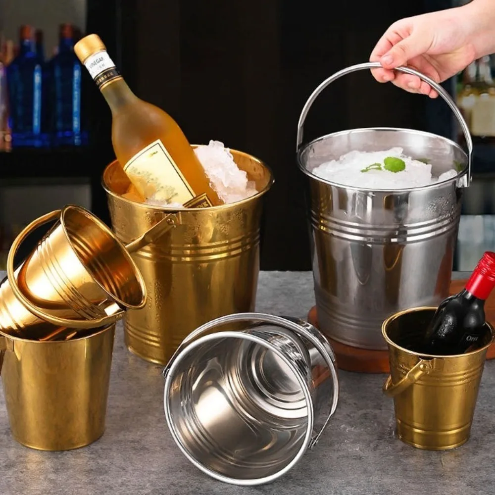 Multifunctional Stainless Steel Ice Bucket Thickened Round Champagne Bucket Portable with Handles Mini Metal Buckets Restaurant 3