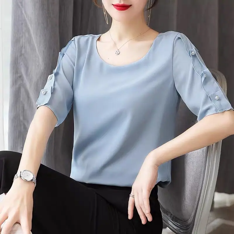 

Short-sleeved Chiffon Shirt for Women in Summer New Korean Fashion OL Mid-sleeved Shirt Fashionable Design Professional Top