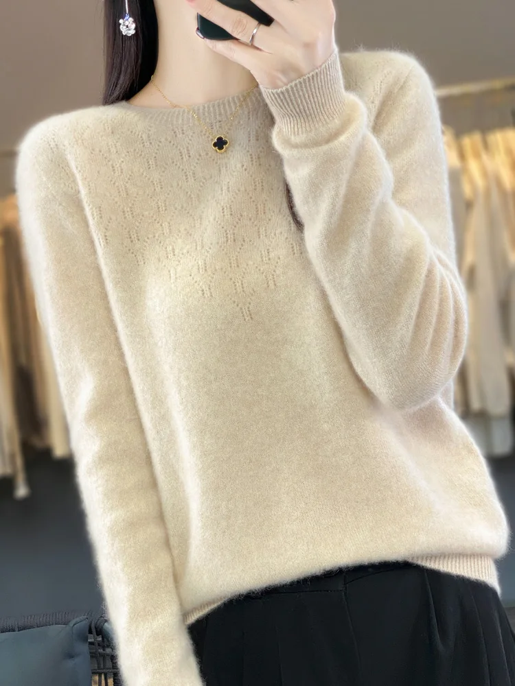 Women\'s 100% Australian Wool Sweater,O-Neck Pullover,Hollow Long Sleeved Knitted Top,Fashion Cardigan,New Style, Autumn Winter