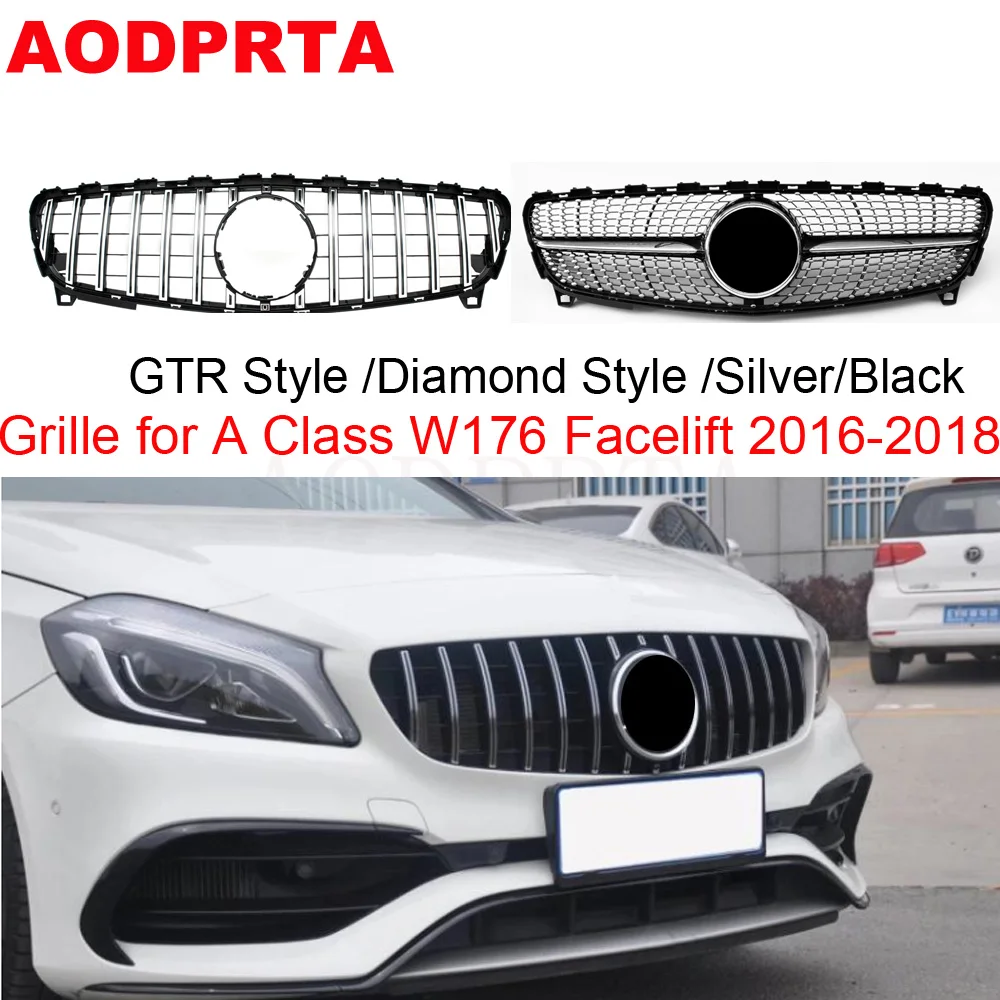 

Diamond/GTR Style Front Bumper Grill Grid Mesh Hood for Mercedes A Class W176 Facelift A180 A45 2016-2018 Silver / Black