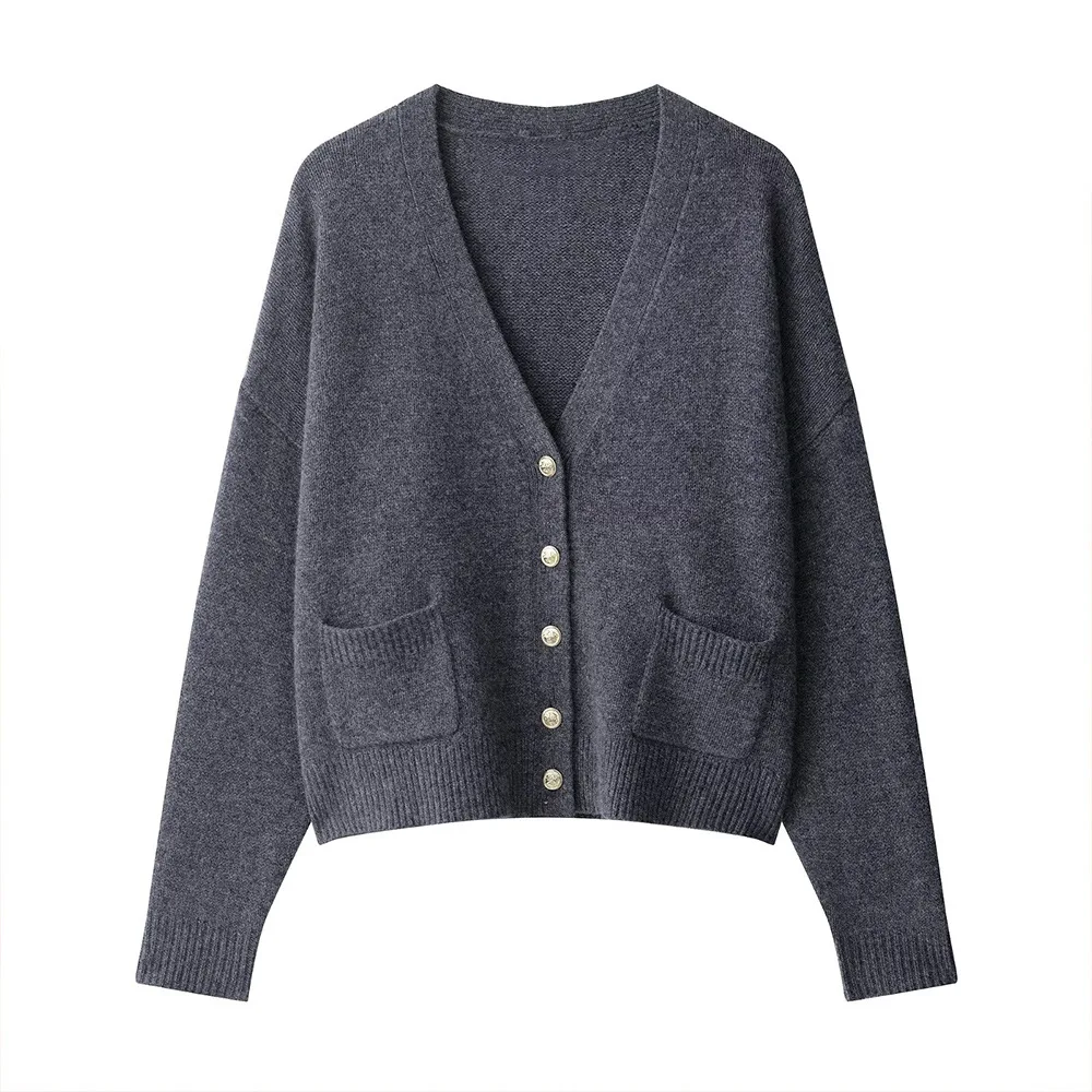 

Woman's Knitted Cardigan V Neck Single-breasted Long-sleeved Solid Color Pockets Simple Coat Versatile Early Autumn New Top