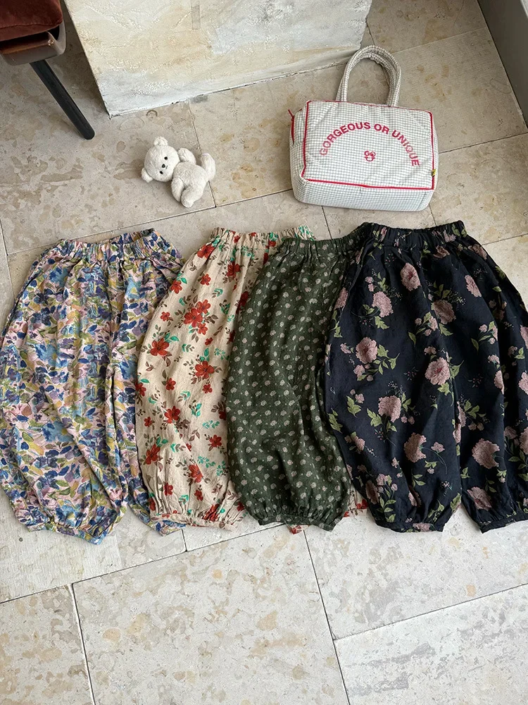 

2025 Summer New Children Mosquito Proof Pants Flower Print Girls Vacation Trousers Kids Loose Casual Pants Boys Harem Pants