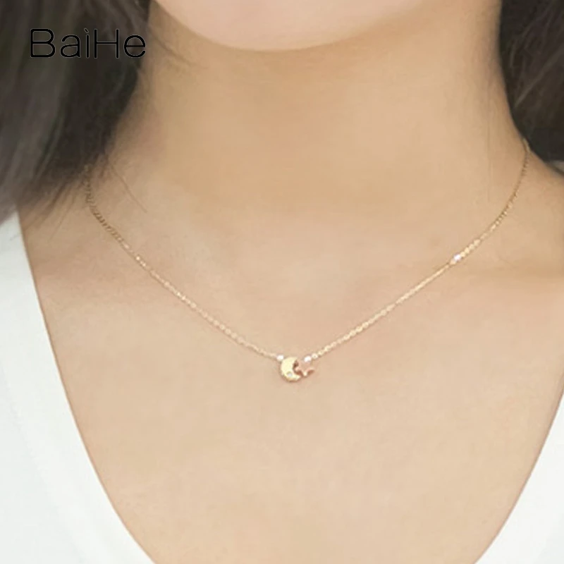 BAIHE Real Solid 18K Yellow Rose Gold Natural Diamond Moon Star Necklace Women Trendy Fine Jewelry Making ムーンスターネックレス Naszyjnik