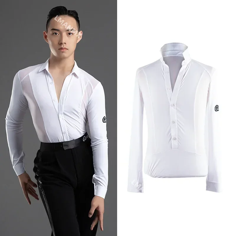 

Ballroom Dance Shirt Men Performance Costume Mesh Modern Dancewear Waltz Dance Latin Practice Wear Waltz Clothing