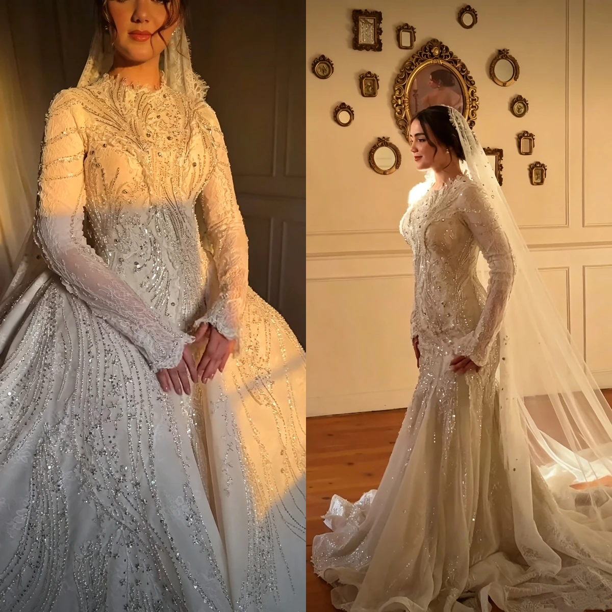 

Luxury Beaded Lace Mermaid Wedding Dresses Sparkly Crystal Chapel Train Detachable Bridal Gown Vestidos De Novia Customized