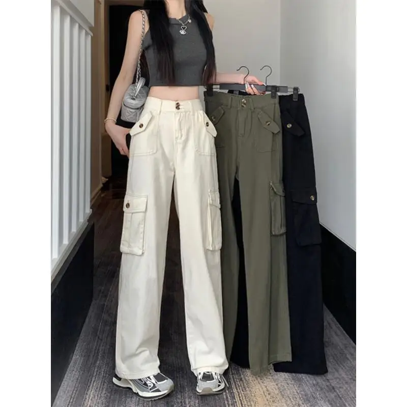 150cm Petite Girls Retro Multipocket Overalls Women High Waist Dragging The Ground Straight Wide-legged Pants XS Appear High