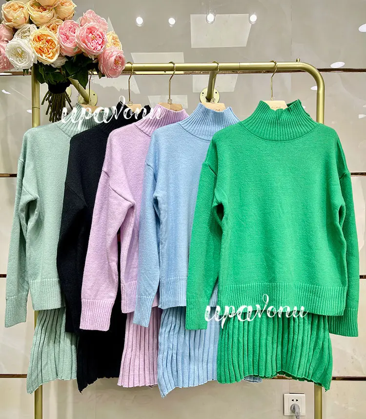 Women Pleated Skirt Suit 2022 New High Neck Long Sleeve Loose Pullover Knit Sweater & High Waist A Line Mini Skirt Two Piece Set