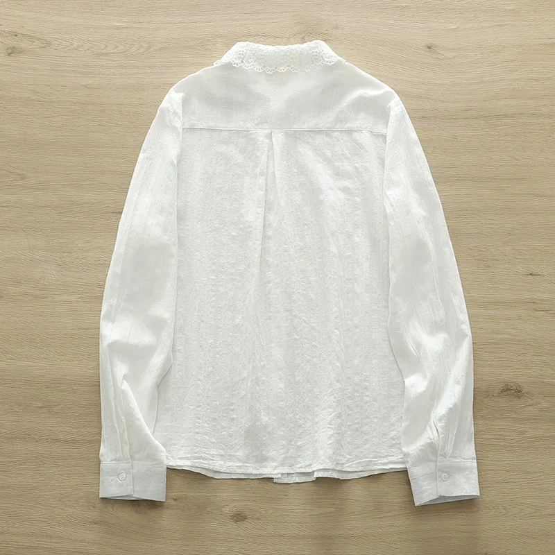 New Spring Cotton Sweet Long Sleeve Shirt Women Lapel Lace Top Girl Loose Retro White Casual Blouses 2024 Summer T44848QM