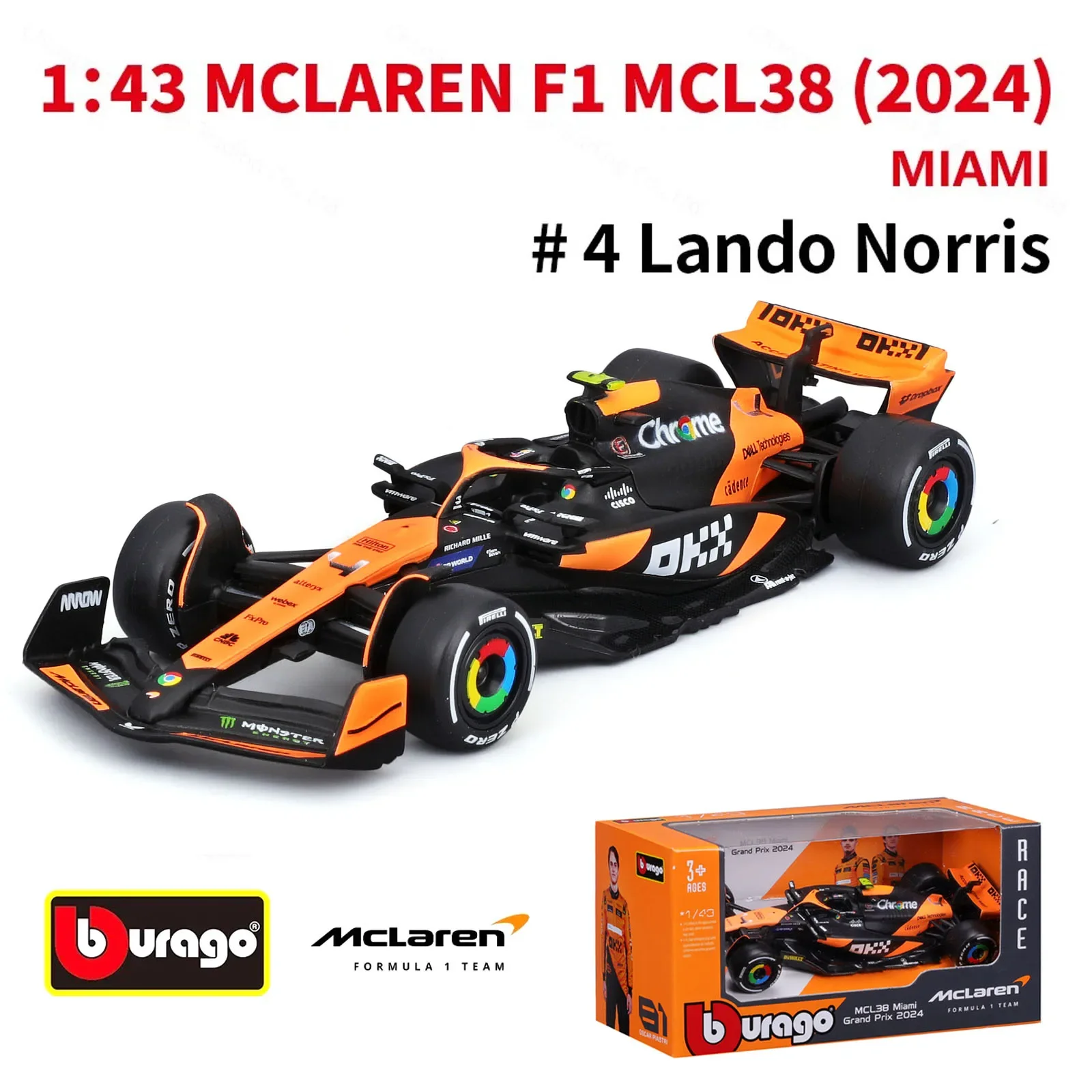 Bburago 1:43 2024 Mclaren MCL38 Miami Monaco F1 Formula Car Die Cast Vehicles Collectible Model Racing Toys