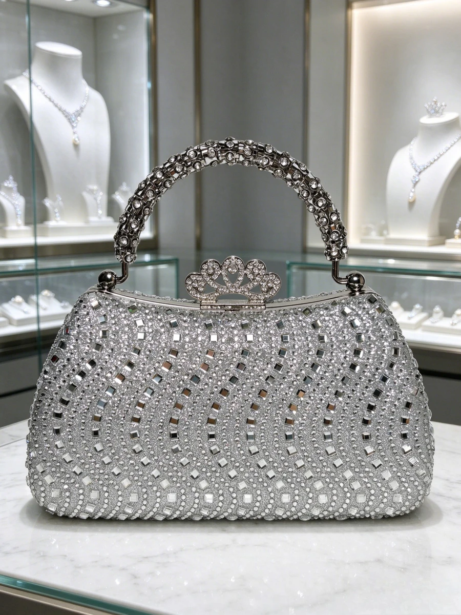 2026 Silver Grey Full Rhinestone Evening Handbag, Crown Shape Clasp Curved Handle Purse, Wedding Banquet Bag For Mid Age Ladies