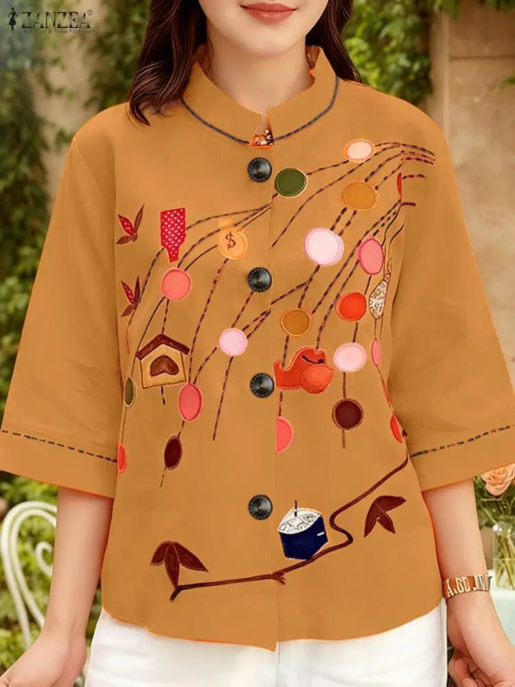 

2025 ZANZEA Reteo Printed Shirts Women Autumn Blouse Casual O Neck Long Sleeve Tops Work Chemise Mujer Femme Buttons Down Blusas