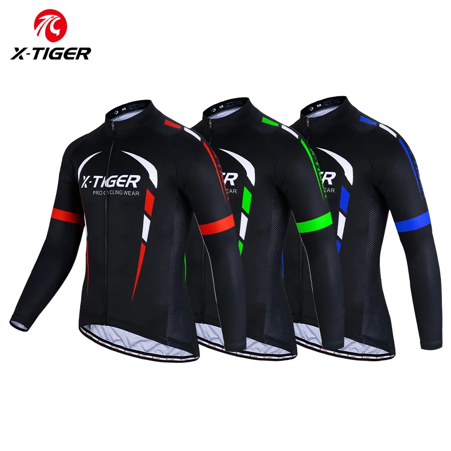 

X-TIGER Men's Cycling Jerseys Long Sleeve Full Zipper Biking Shirt with 3 Rear Pockets Breathable MTB Sports Shirts Basic Series