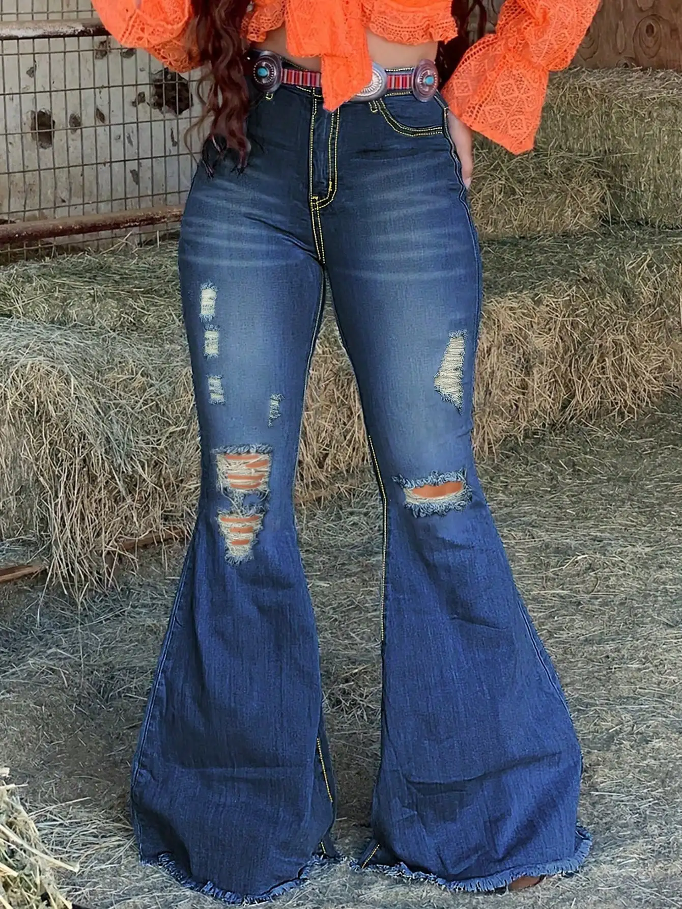

Женские джинсы с высокой талией, рваные, расклешенные, с застежкой на пуговицах и молнии, в стиле ретро, для повседневного уличного стиля