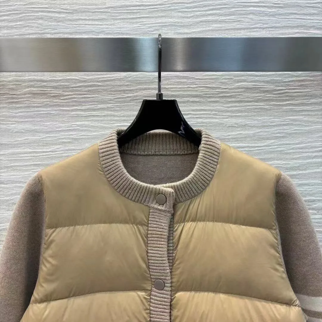 New Fashion Autumn Winter 90% White Goose Down Patchwork Cashmere Knitted Coat Women O-neck Single Breasted Pockets Khaki Jacket