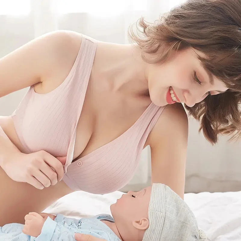 Pure Cotton Wireless Nursing Vest Bra Seamless Front Buckle Open Cup Maternity Breastfeeding Underwear Plus Size