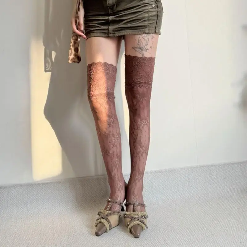 تجارة التجزئة/إسقاط الشحن خمر كامل الدانتيل فخذ فخذ فخذ عالية الجوارب للنساء شبكة زهرة نمط الشبكة على ركبة الجوارب الحذاء #4