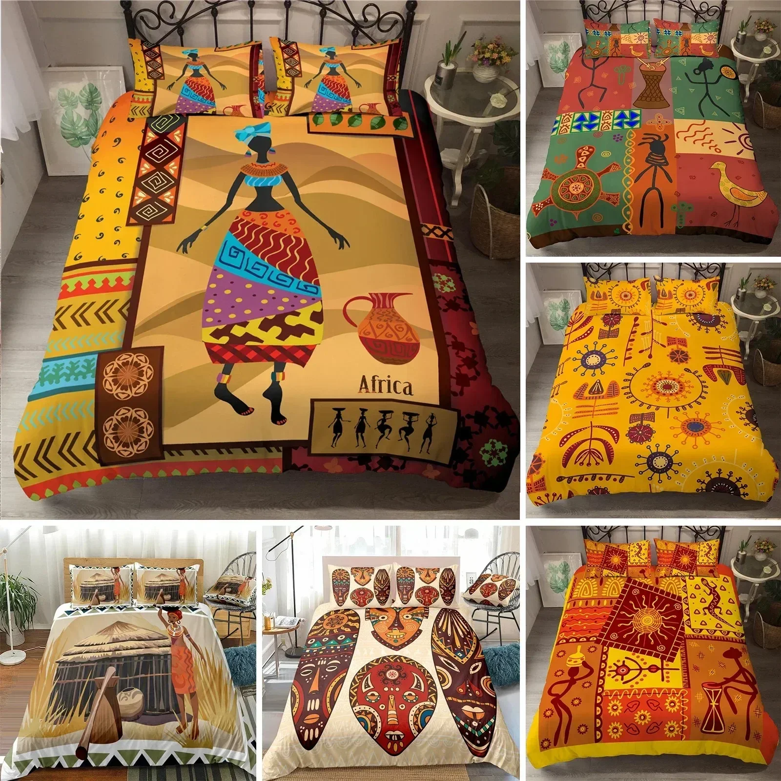 African Woman King Queen Duvet Cover Retro Exotic Tribal Black Girl Pattern Bedding Set Africa Polyester Quilt Cover Pillowcase