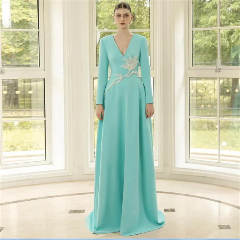 ชุดราตรีไข่มุก โรบ เดอ ซัวรี แบบสั่งตัด แขนยาว คอวี ประดับเลื่อม ทรงเอไลน์ ชุดเต้นรำ ชุดงานเลี้ยง ชุดออกงานพรอม