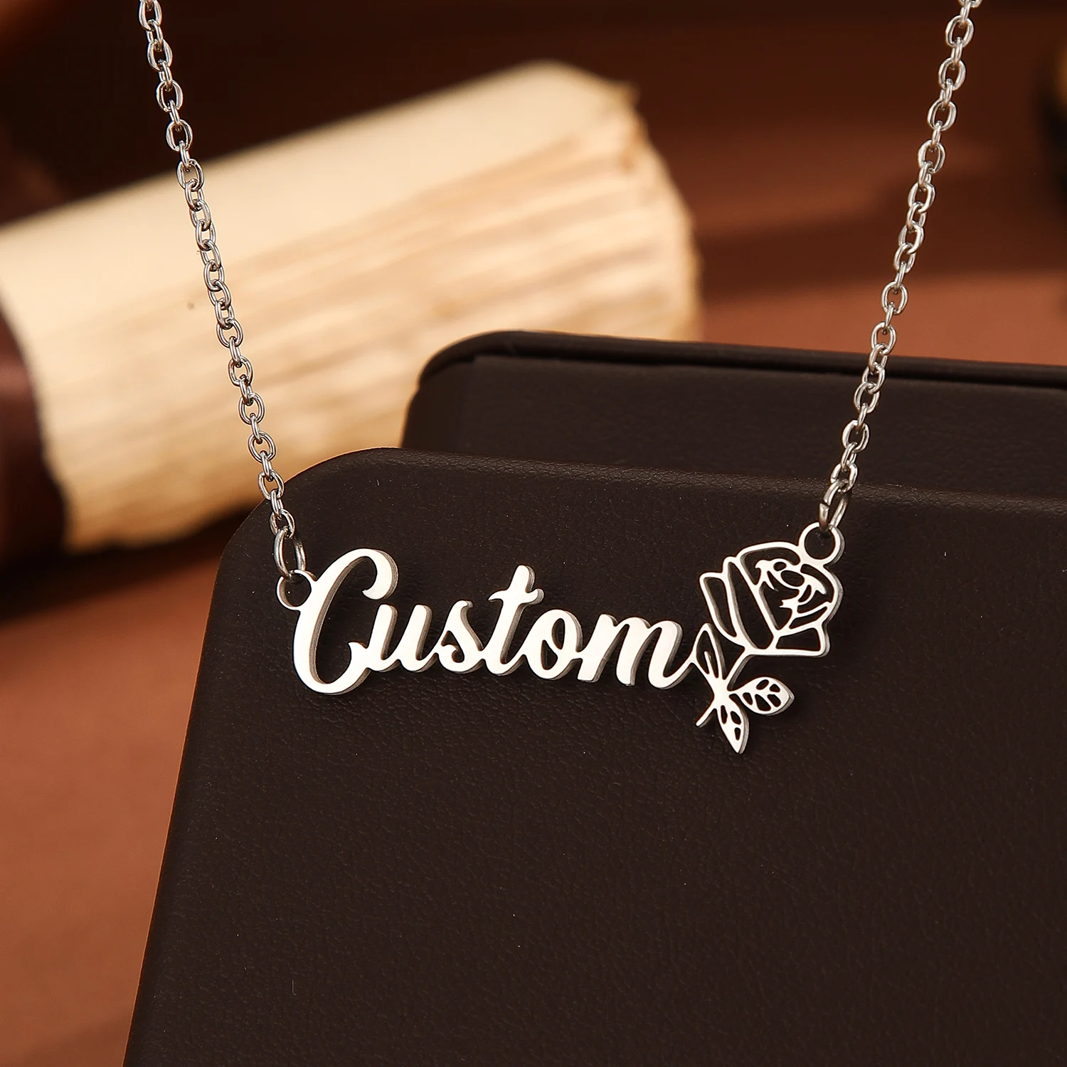 QIAMNI Personalized Custom Rose Birth Flower Chain Name Necklace Stainless Steel Customized Letter Choker Pendant Women Jewelry