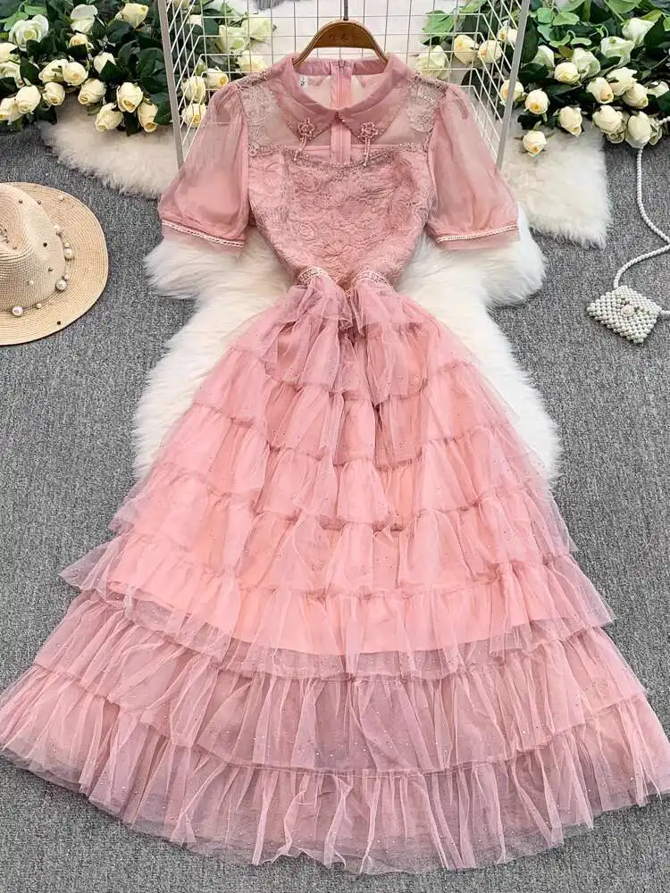 

Elegant Sweet Princess Embroidery Lace Midi Dress Women Summer Short Sleeve Pearl Tulle Cake Dresses Evening Party Vestidos