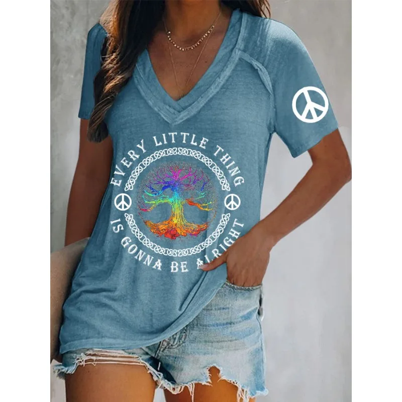ilstile Women's Retro Hippie Letter Print T-Shirts Summer Casual Short Sleeve V Neck Tops Black Blue Grey Green Tees Hot Sale