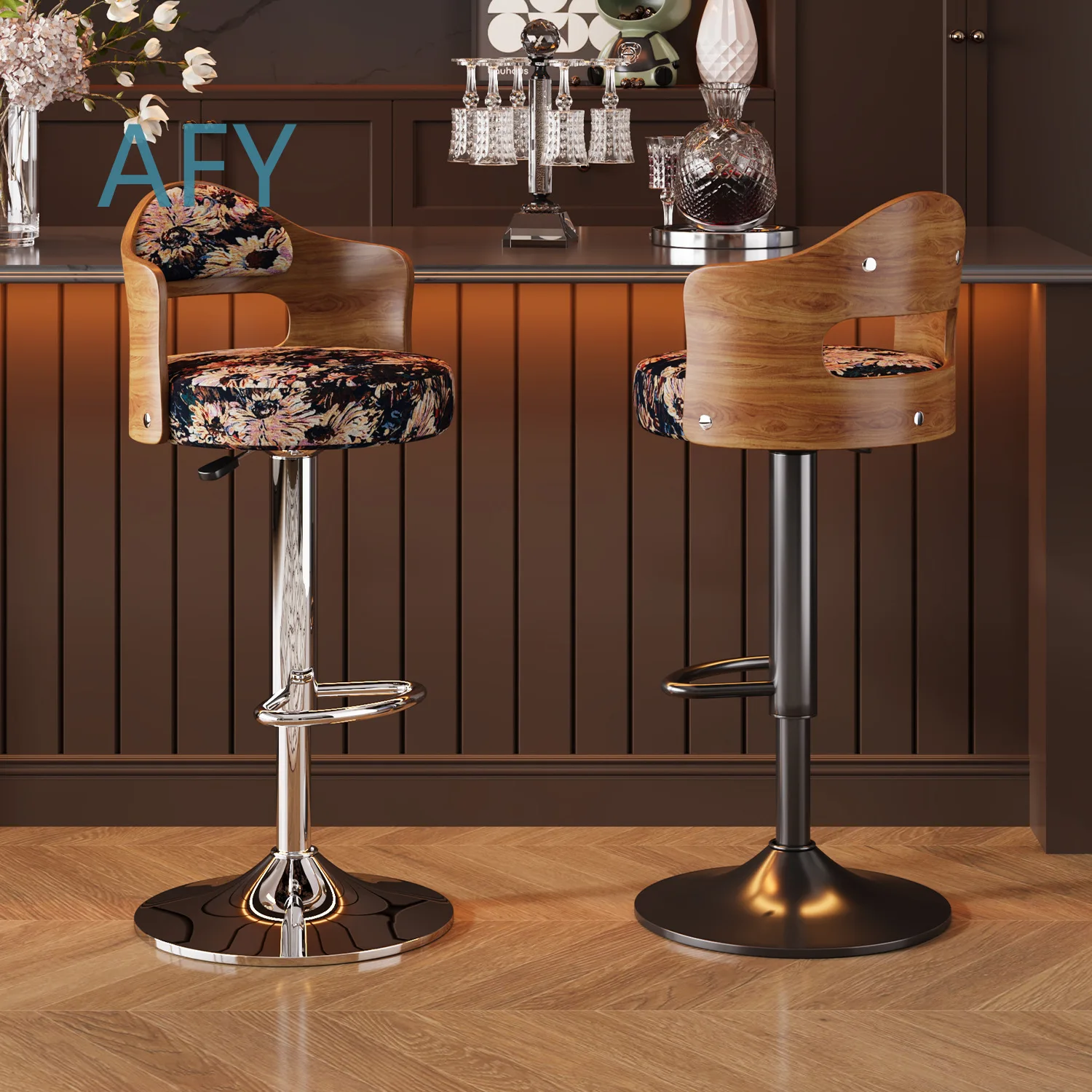 Medieval Style Wooden Backrest High Chair for Bar Stool with Floral Print Fabric Seat Cushion Adjustable Height Lift Chair
