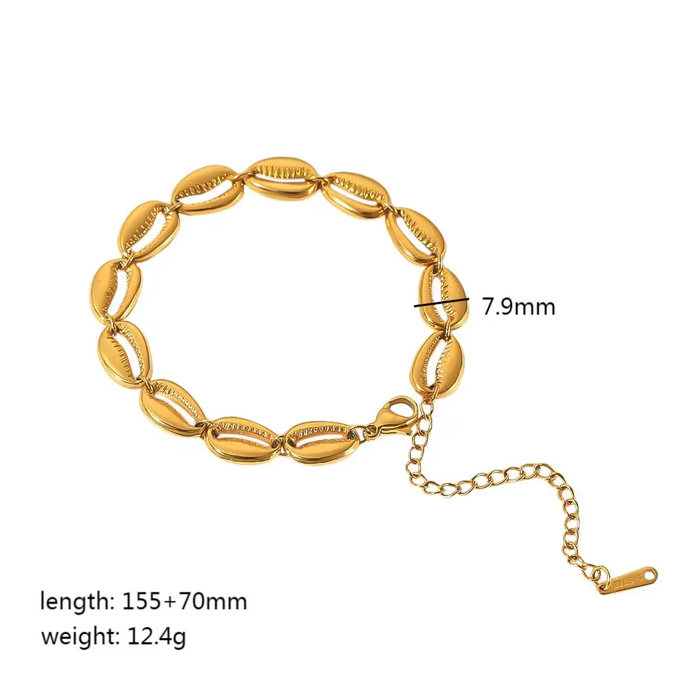 Neuestes Exquisites Luxus-Schmuckset: 18K Vergoldete, Anlaufbeständige Halskette, Edelstahl-Armband mit Muschel-Charm und Perlenohrringe – Detail 7