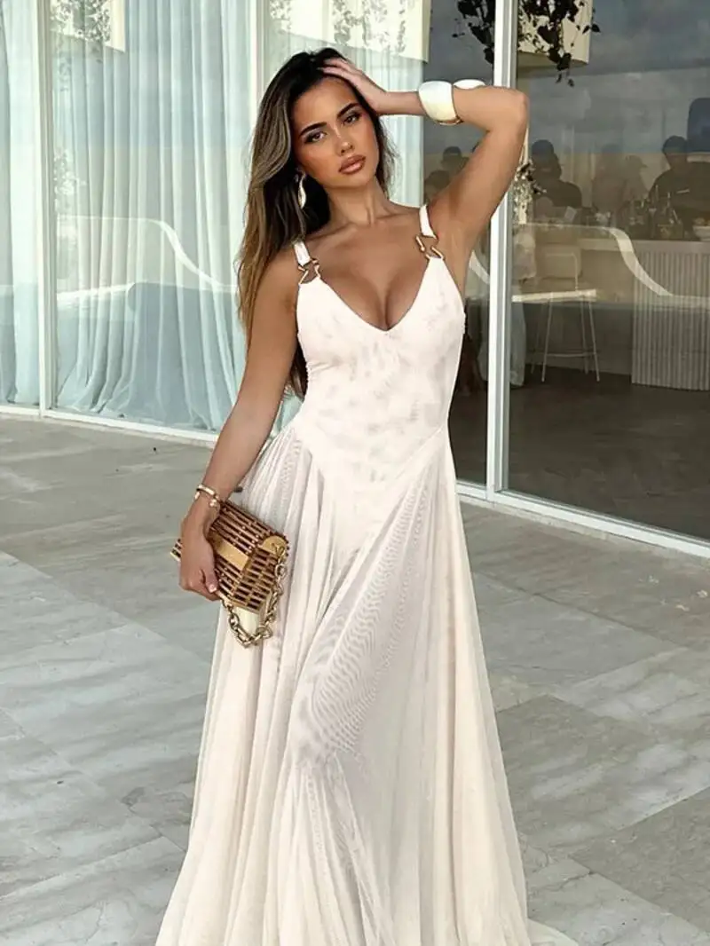 Transparent Mesh Maxi Dress With Bodysuit Plunging Backless Long Summer Dress Women Sexy Beach Party Dresses Fashion 9L9U