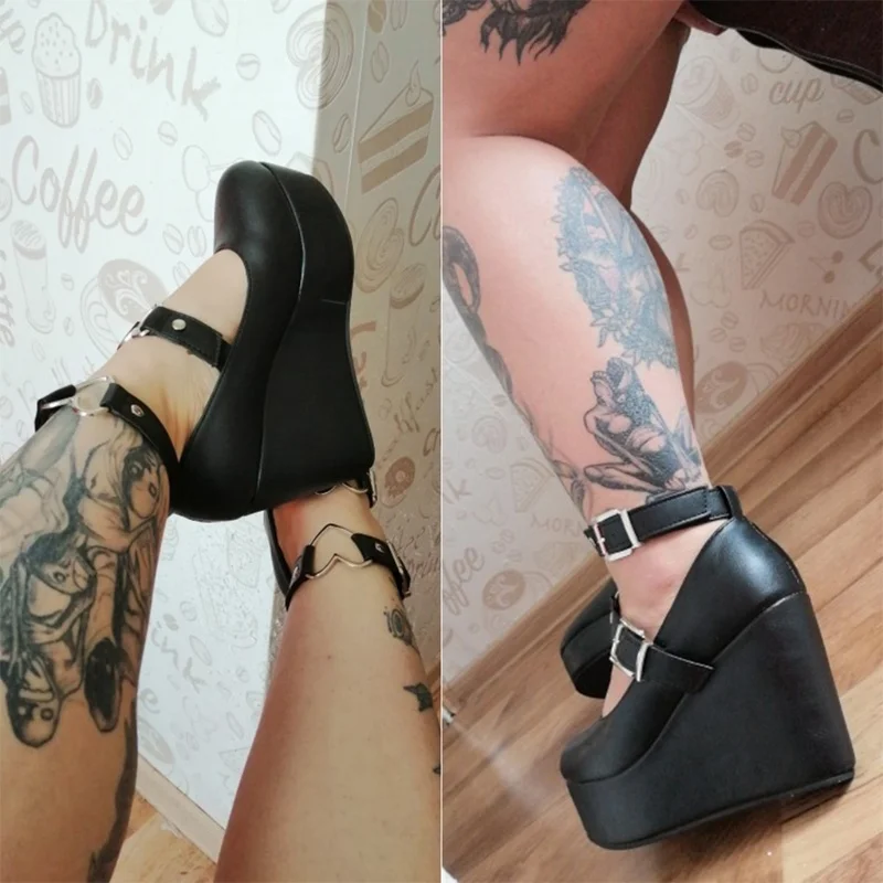 Plataforma Mary Janes Bombas de Salto Alto para Mulheres, Doce Sapatos Kawaii Lolita, Alça de Fivela Tornozelo Coração, Cosplay Punk Goth, Cunhas