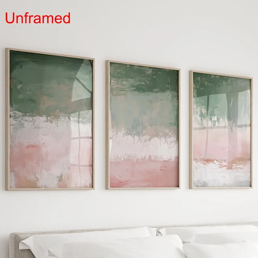 3PCS frameless decorative art print,Abstract Pink Green Ocean Beach Canvas Poster Modern Minimalist Coastal Wall Art Print Decor