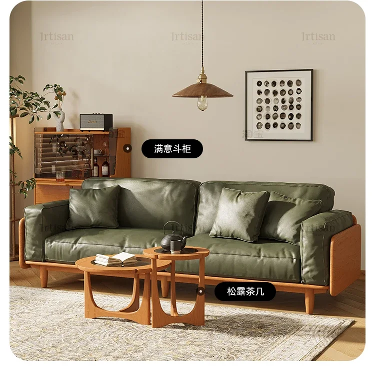

Jianjiang Nordic Solid Wood Sofa Leather Art Technology Fabric Wood Color Small Apartment Cherrywood New Chinese Style