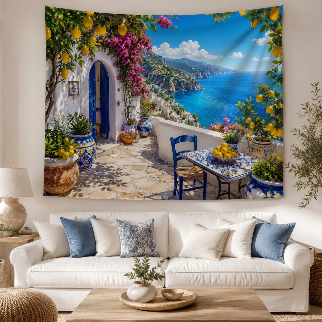Amalfi Coast Italy Tapestry Mediterranean Lemon Villa Sea View Wall Hanging, Coastal Decor, Great Housewarming Gift