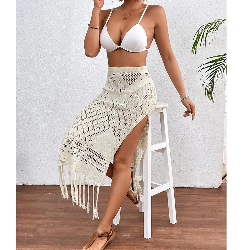 Women Knitted Texture Sarong Skirts Sexy High Slit Tassel Cover-Up Beach Summer Vacation Wrapped Skirt Bikini Cover Up