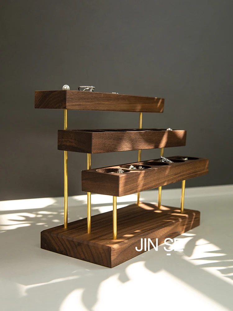 

Creative Walnut Three-layer Jewelry Rack Ear Stud And Ring Storage Rack Ladder Multi-layer Shelf Shopping Ornament Display