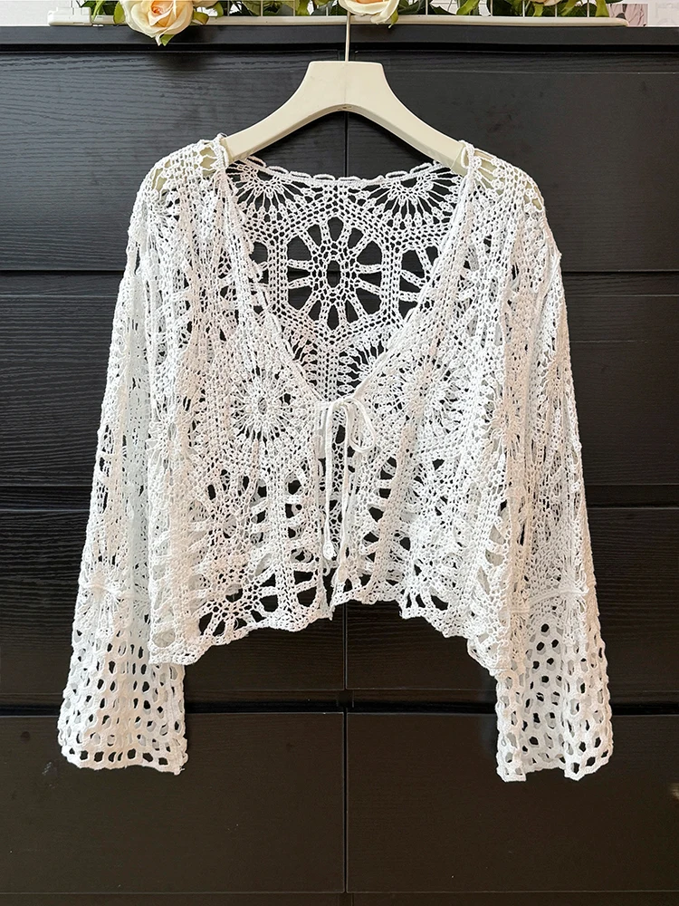 

Тонкий вязаный кардиган с полым крючком и цветком, женский укороченный топ в этническом стиле в стиле бохо с длинными рукавами, летняя верхняя одежда, рубашка с бантом на шнуровке