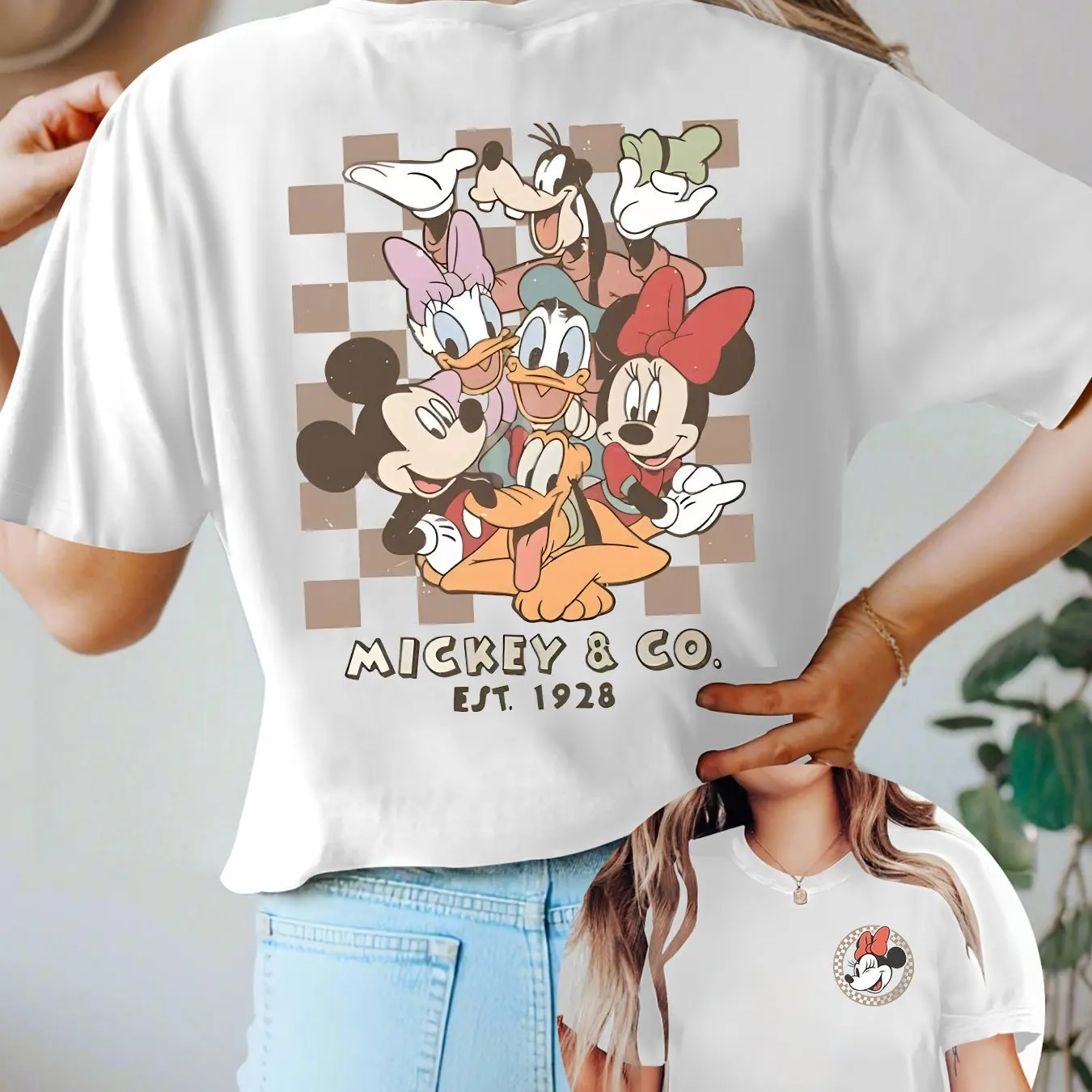 

Disney Official Women's Pure T-shirt - Double-sided Mickey Friend Pattern Print, Casual Short Sleeved Top, Machine Washed