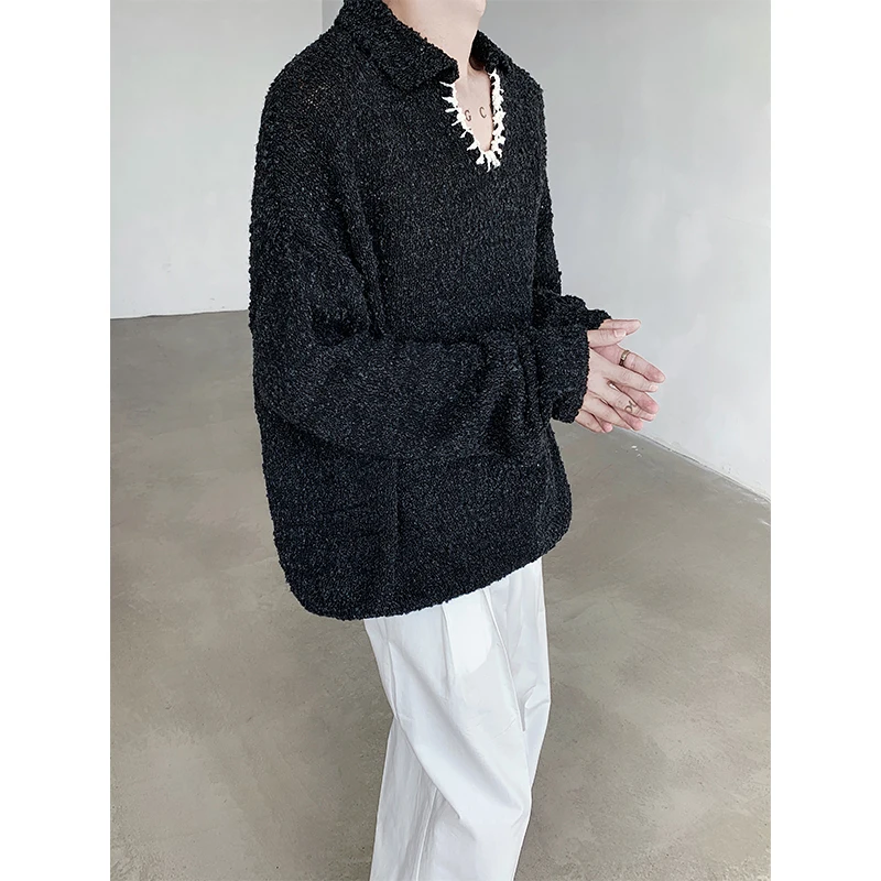 [oimg] Korean Casual Patchwork Contrasting Color V-neck Knitted Sweater With Lazy Style, Luxurious And Versatile My10p98