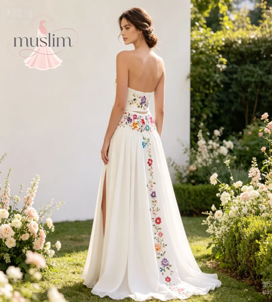 2 Pieces Fairy Boho Wedding Dress Crop Top Chiffon A‑Line Mexican Bridal Dress With Colorful Flower Embridery Slit Beach Civil