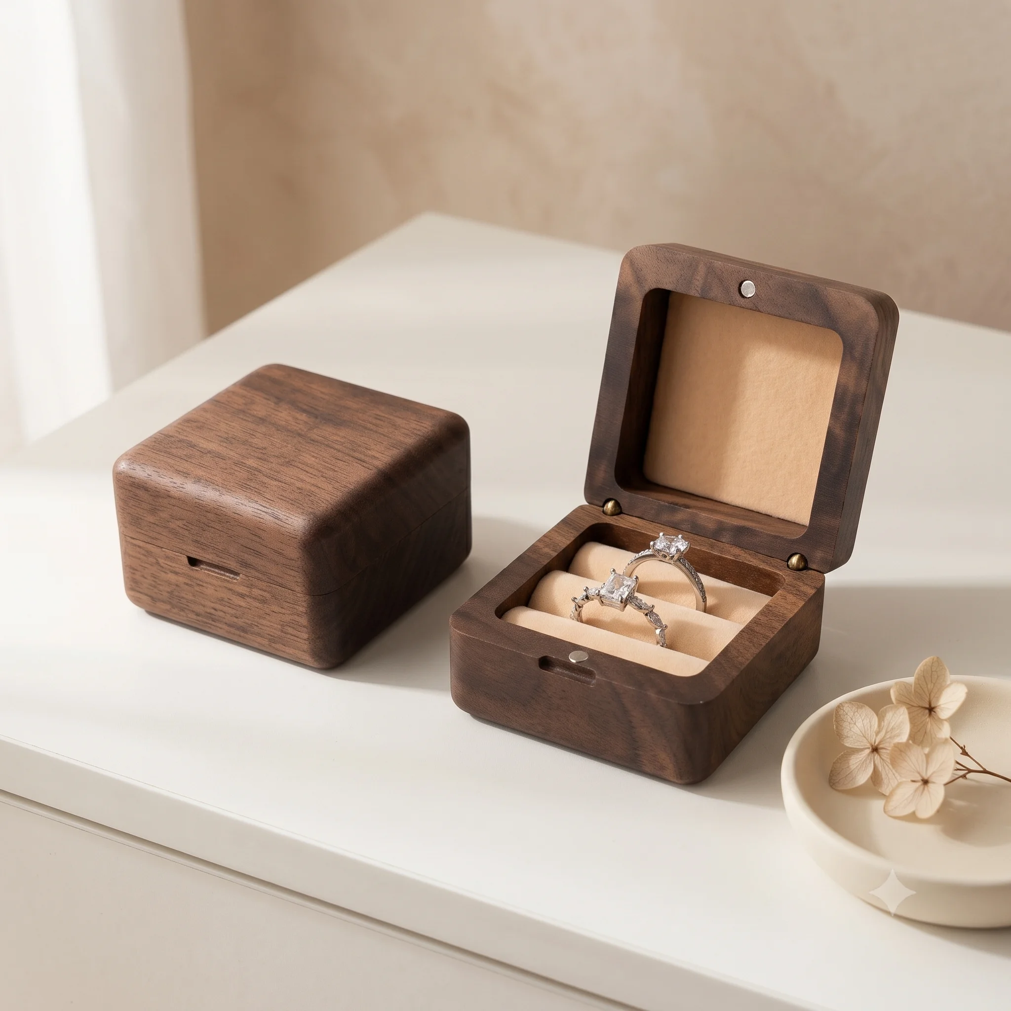 Maßgefertigte Gravierte Walnussholz-Ringbox für Hochzeitszeremonie Doppelringhalter Verlobungs-Geschenk für Paare – Detail 5